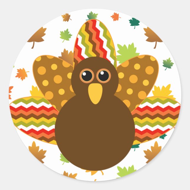 🦃 Turkey with colourful feathers, with leaves Classic Round Sticker (Front)