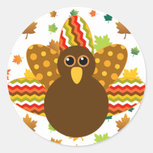 🦃 Turkey with colourful feathers, with leaves Classic Round Sticker