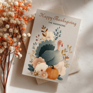 Turkey with Fall Foliage Happy Thanksgiving Pastel Holiday Card