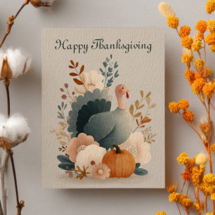 Turkey with Fall Foliage Happy Thanksgiving Pastel Postcard