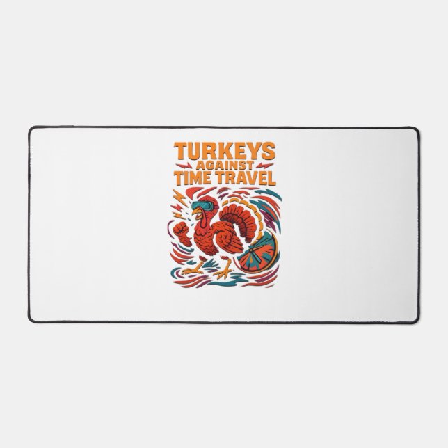 Turkeys Against Time Travel – Funny Retro Turkey D Desk Mat (Front)
