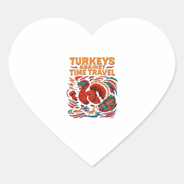 Turkeys Against Time Travel – Funny Retro Turkey D Heart Sticker (Front)