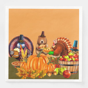 Turkeys and Bear Thanksgiving Bounty Napkin