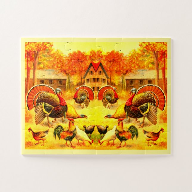 Turkeys and chickens art jigsaw puzzle (Horizontal)