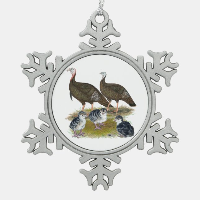 Turkeys Eastern Wild Family Snowflake Pewter Christmas Ornament (Front)