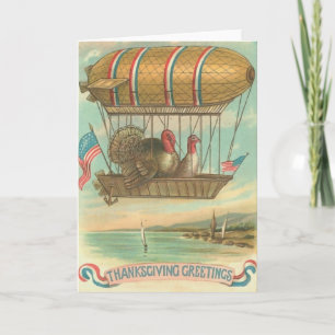 Turkeys in Hot Air Balloon with USA Flags Holiday Card