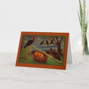 Turkeys Seesaw on Pumpkin Vintage Thanksgiving Holiday Card