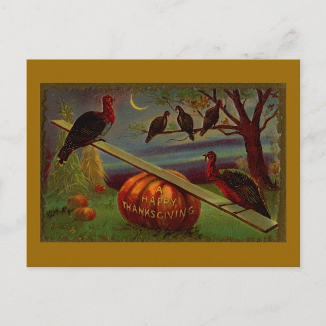 Turkeys Seesaw on Pumpkin Vintage Thanksgiving Holiday Postcard (Front)