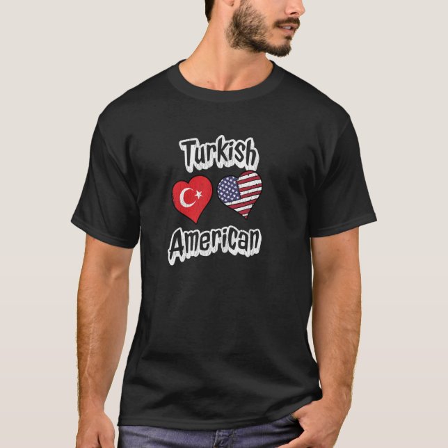 Turkish American Flag Hearts Combo Turkey Distress T-Shirt (Front)