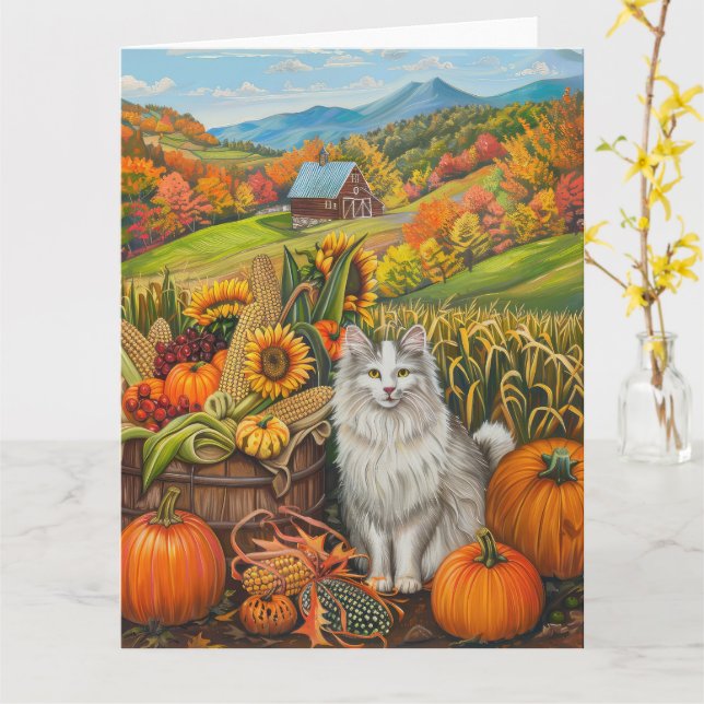 Turkish Angora Cat Autumn Harvest Thanksgiving Card (Yellow Flower)