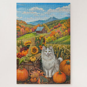 Turkish Angora Cat Autumn Harvest Thanksgiving Jigsaw Puzzle