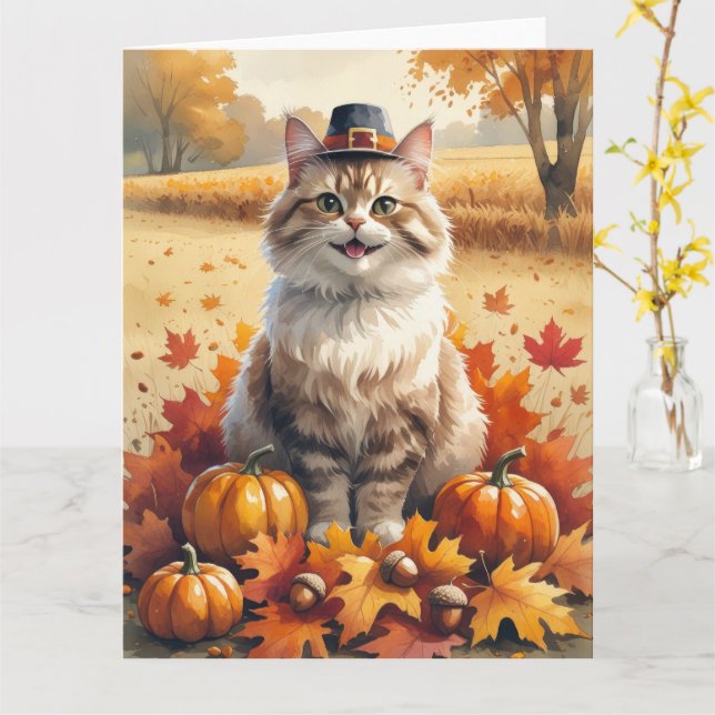Turkish Angora Cat Autumn Leaves Thanksgiving Art Card (Yellow Flower)