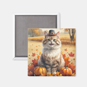 Turkish Angora Cat Autumn Leaves Thanksgiving Art Magnet