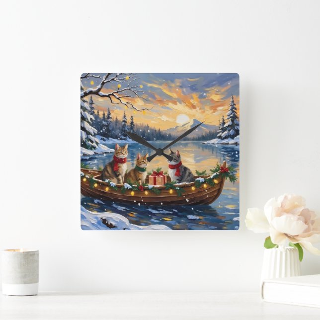 Turkish Angora Cat Christmas Boat Holiday Square Wall Clock (Home)