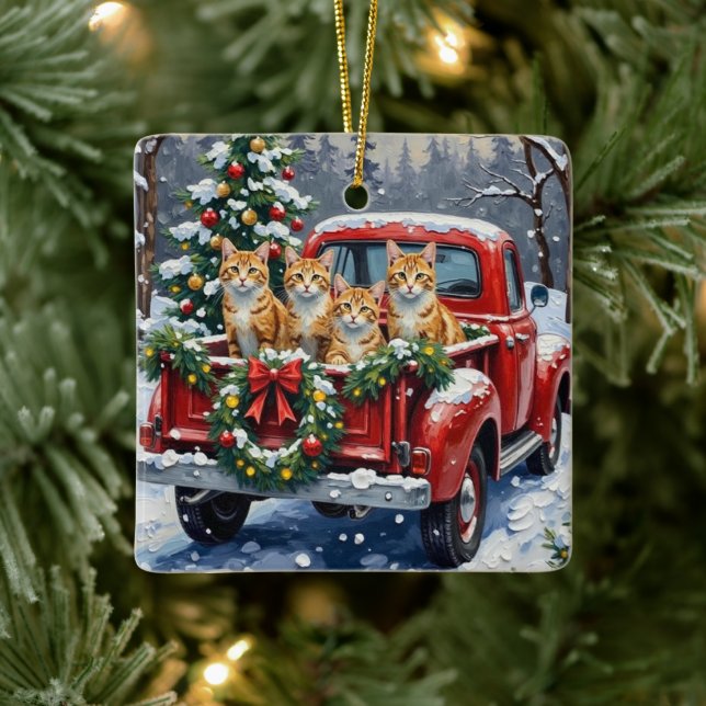 Turkish Angora Cat Christmas Red Truck Holiday Ceramic Ornament (Tree)