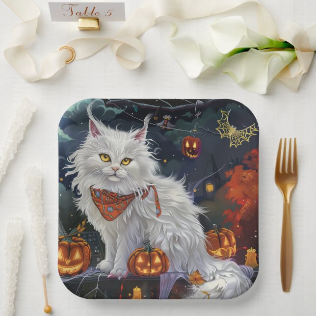 Turkish Angora Cat Halloween Spooky Paper Plate (Wedding)
