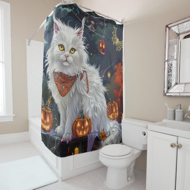 Turkish Angora Cat Halloween Spooky Shower Curtain (In Situ)
