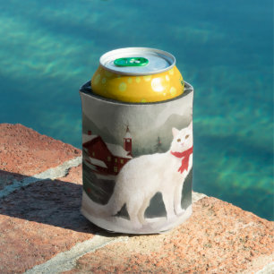 Turkish Angora Cat in Snow Christmas Can Cooler