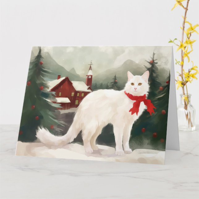 Turkish Angora Cat in Snow Christmas Card (Yellow Flower)