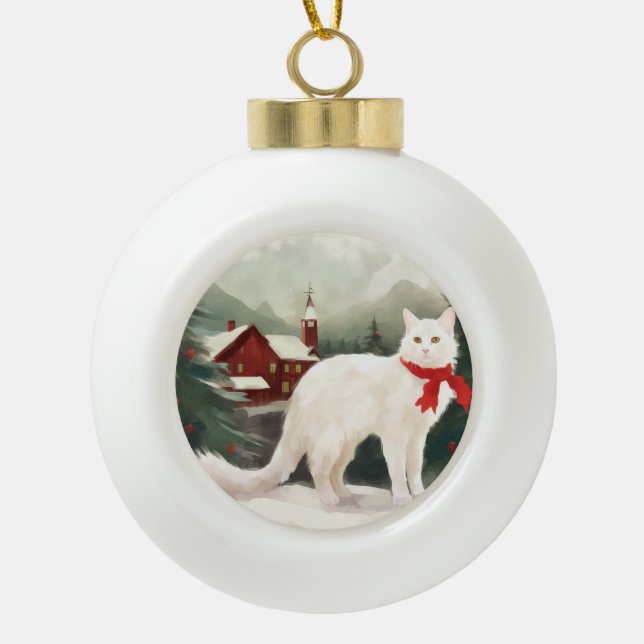 Turkish Angora Cat in Snow Christmas Ceramic Ball Christmas Ornament (Front)