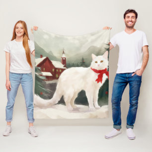 Turkish Angora Cat in Snow Christmas Fleece Blanket