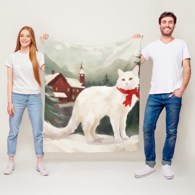Turkish Angora Cat in Snow Christmas Fleece Blanket (In Situ)