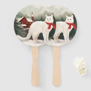 Turkish Angora Cat in Snow Christmas Hand Fan