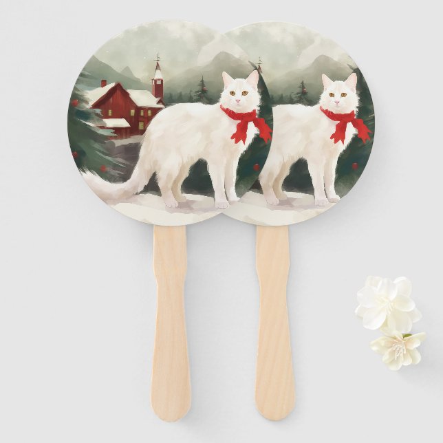 Turkish Angora Cat in Snow Christmas Hand Fan (Front and Back)