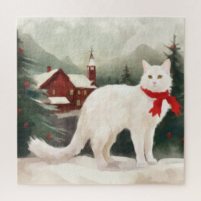 Turkish Angora Cat in Snow Christmas Jigsaw Puzzle (Vertical)