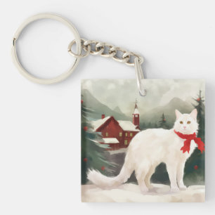 Turkish Angora Cat in Snow Christmas Key Ring