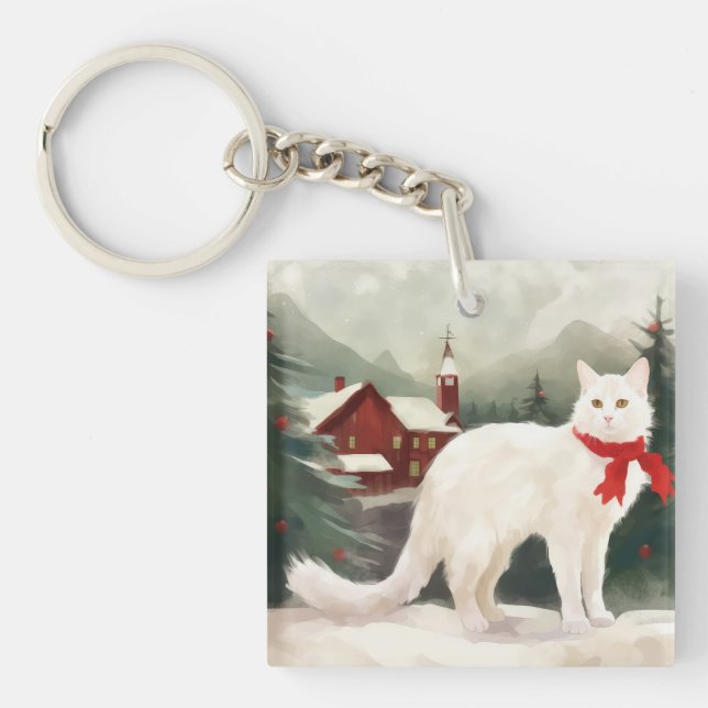 Turkish Angora Cat in Snow Christmas Key Ring (Front)