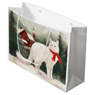 Turkish Angora Cat in Snow Christmas Large Gift Bag