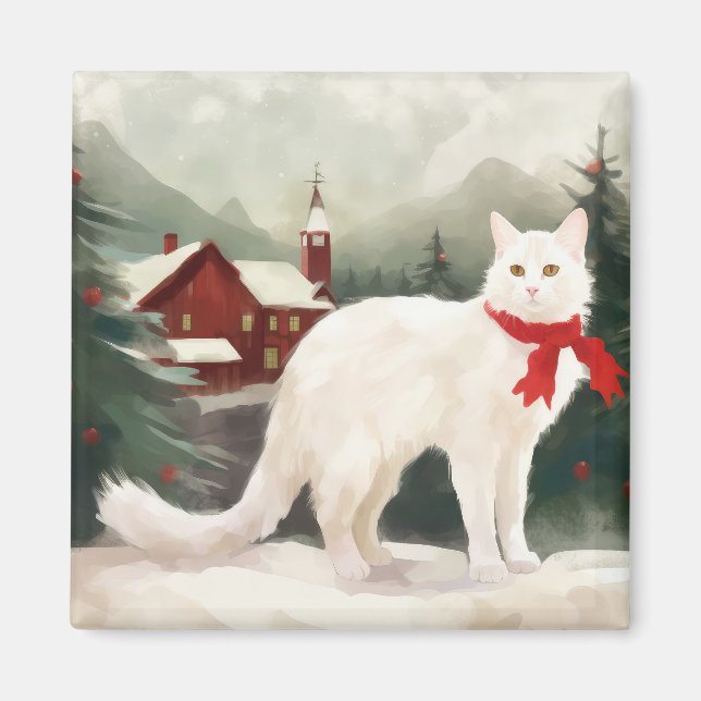 Turkish Angora Cat in Snow Christmas Magnet (Front)