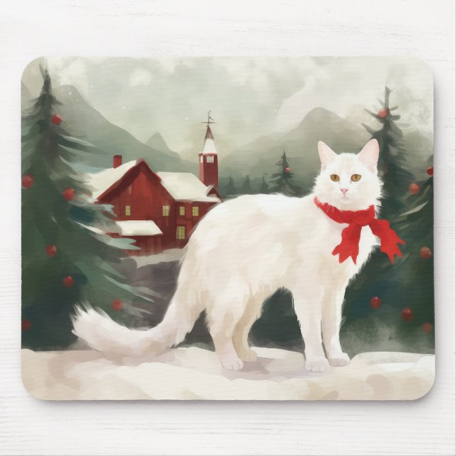 Turkish Angora Cat in Snow Christmas Mouse Mat (Front)