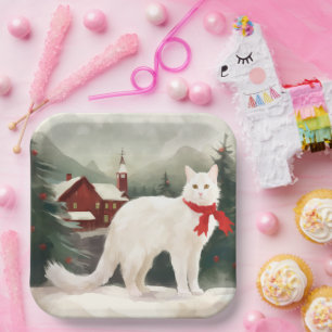 Turkish Angora Cat in Snow Christmas Paper Plate