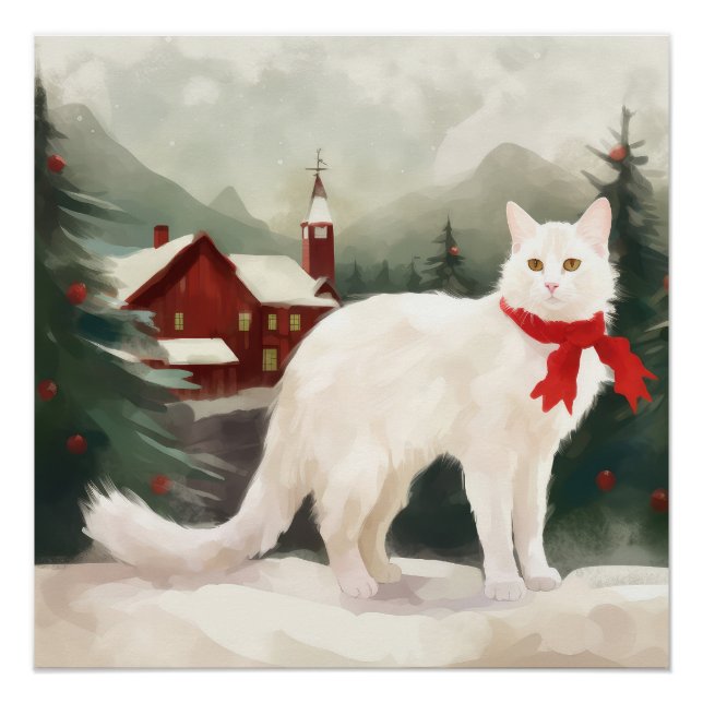 Turkish Angora Cat in Snow Christmas Poster (Front)
