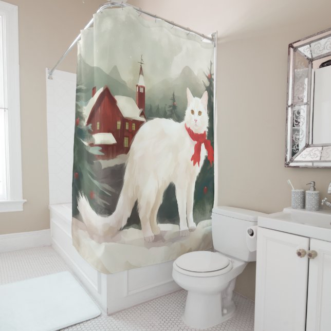 Turkish Angora Cat in Snow Christmas Shower Curtain (In Situ)