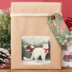 Turkish Angora Cat in Snow Christmas Square Sticker