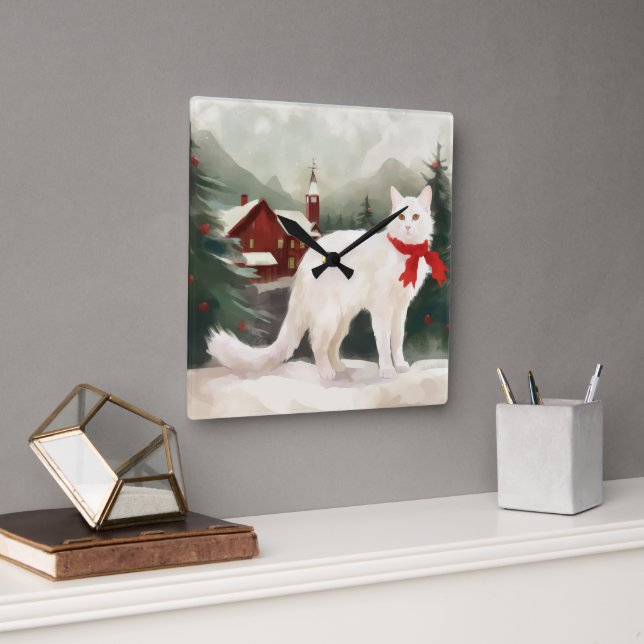 Turkish Angora Cat in Snow Christmas Square Wall Clock (Office)