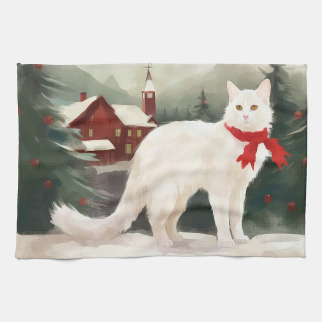 Turkish Angora Cat in Snow Christmas Tea Towel (Horizontal)