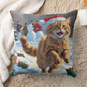 Turkish Angora Cat Running in Snow Christmas Hat Cushion