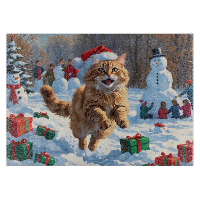 Turkish Angora Cat Running in Snow Christmas Hat Cutting Board (Front)