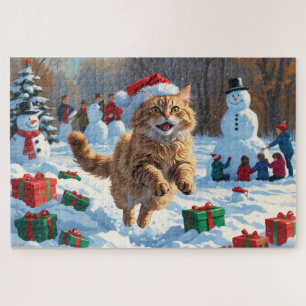 Turkish Angora Cat Running in Snow Christmas Hat Jigsaw Puzzle