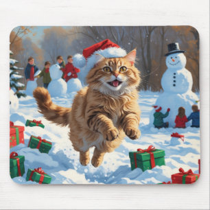 Turkish Angora Cat Running in Snow Christmas Hat Mouse Mat
