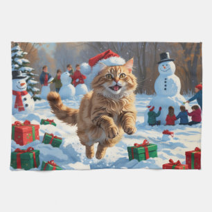 Turkish Angora Cat Running in Snow Christmas Hat Tea Towel
