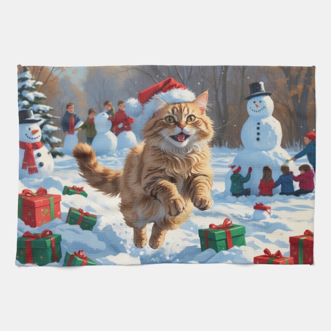 Turkish Angora Cat Running in Snow Christmas Hat Tea Towel (Horizontal)