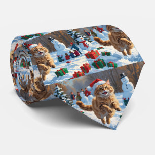 Turkish Angora Cat Running in Snow Christmas Hat Tie