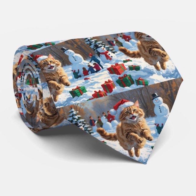 Turkish Angora Cat Running in Snow Christmas Hat Tie (Rolled)