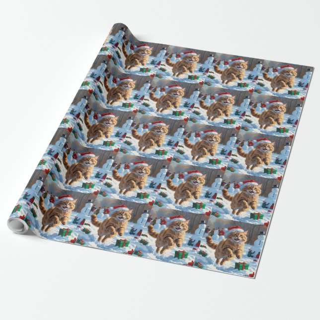 Turkish Angora Cat Running in Snow Christmas Hat Wrapping Paper (Unrolled)