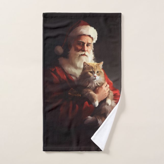 Turkish Angora Cat Santa Claus Festive Christmas  Bath Towel Set (Hand Towel)